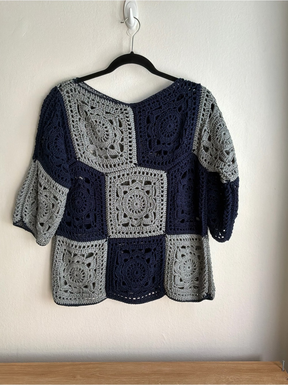 Crochet Square-Panel Scoop Neck Sweater - Navy & Gray